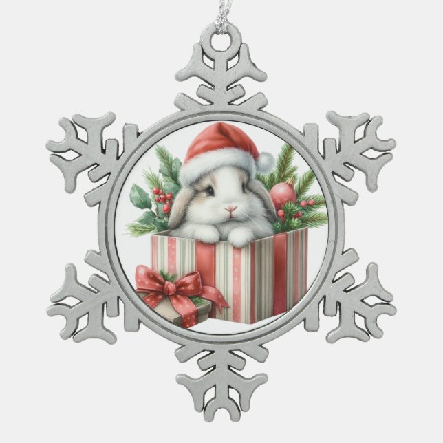 Weihnachtsfeier Bunny Rabbit Schneeflocken Zinn-Ornament (Vorderseite)