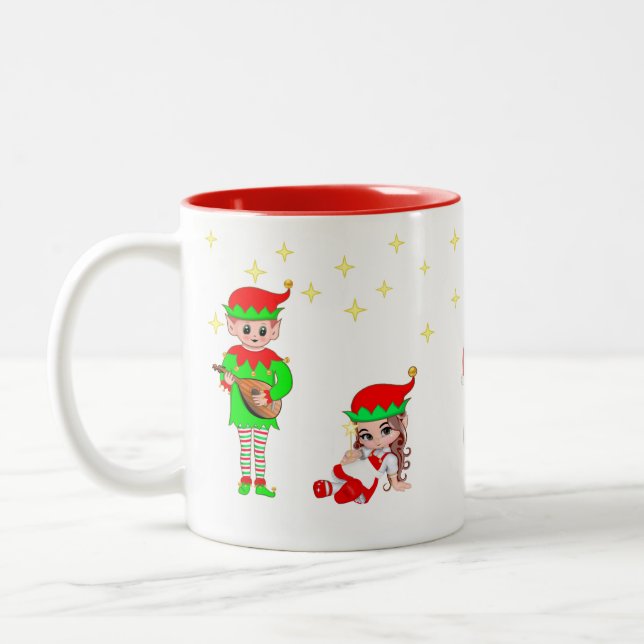 Weihnachtsfeier, Elf & Sterne Zweifarbige Tasse (Links)