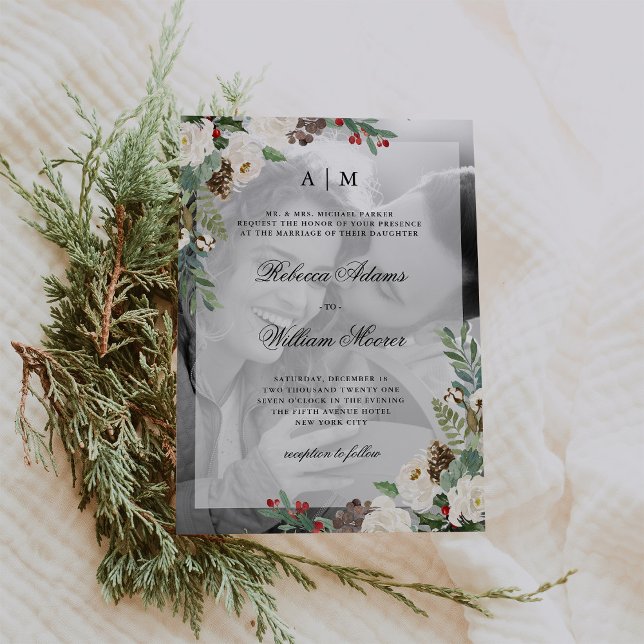 Weihnachtsfeier | Foto Einladung mit Overlay (A classic winter wedding invitation with your photo and Christmas flowers and greenery)