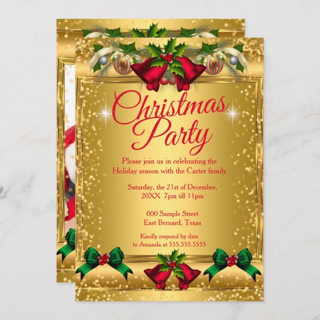 Weihnachtsfeier Foto Gold Red Einladung (Vorne/Hinten)
