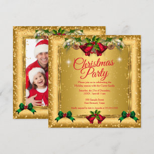 Weihnachtsfeier Gold Rot Glitter Foto Einladung