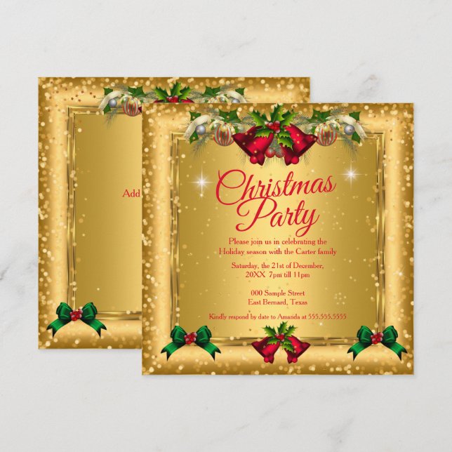 Weihnachtsfeier Gold Roter Glitzer 2 Einladung (Vorne/Hinten)