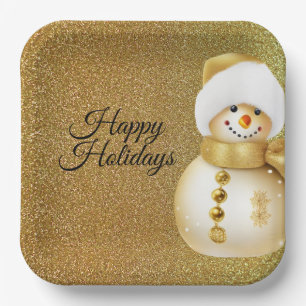 Weihnachtsfeier Goldener Schneemann Schneeflocken Pappteller