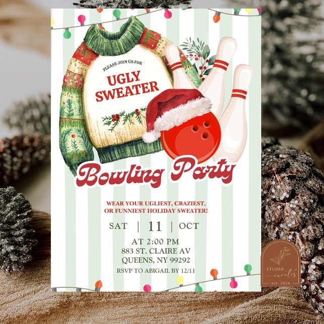 Weihnachtsfeier hässliches Pullover Bowling Party Einladung (Von Creator hochgeladen)
