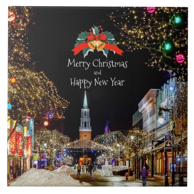 Weihnachtsfeier, helle Lichter und Bausteine Fliese (Vorderseite)