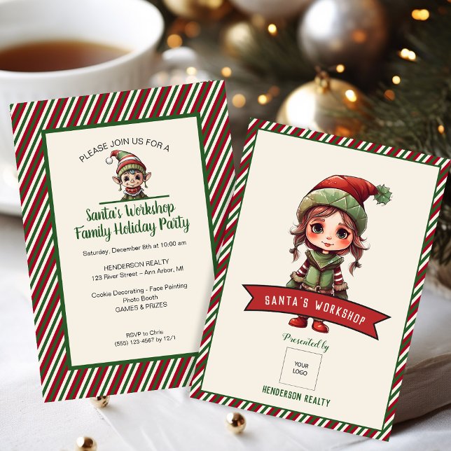 Weihnachtsfeier in Santa's Workshop Einladung (Cute elf Christmas party invitations for client appreciation.)