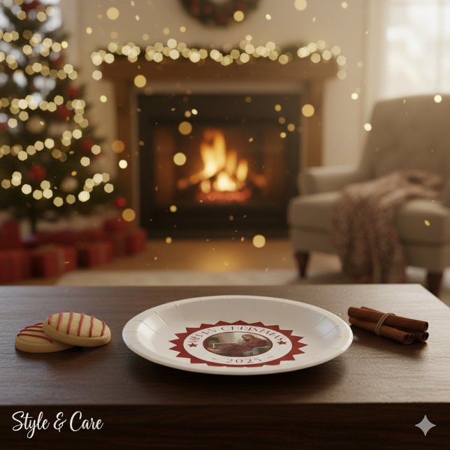 Weihnachtsfeier mit individuellem Foto und Text Pappteller (Festive Merry Christmas Custom Photo Text Party Paper Plates)