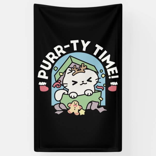 Weihnachtsfeier mit Purr-ty-Time Cat Banner (Vertikal)