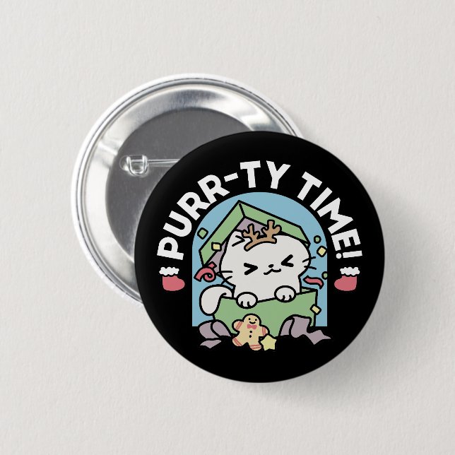 Weihnachtsfeier mit Purr-ty-Time Cat Button (Vorne & Hinten)