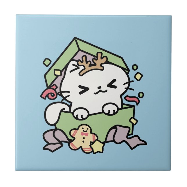 Weihnachtsfeier mit Purr-ty-Time Cat Fliese (Vorderseite)