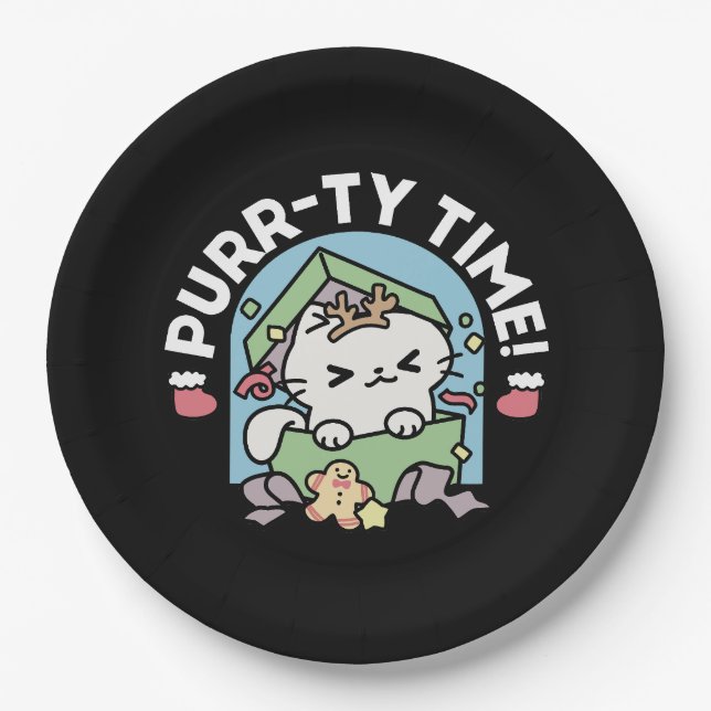 Weihnachtsfeier mit Purr-ty-Time Cat Pappteller (Vorderseite)