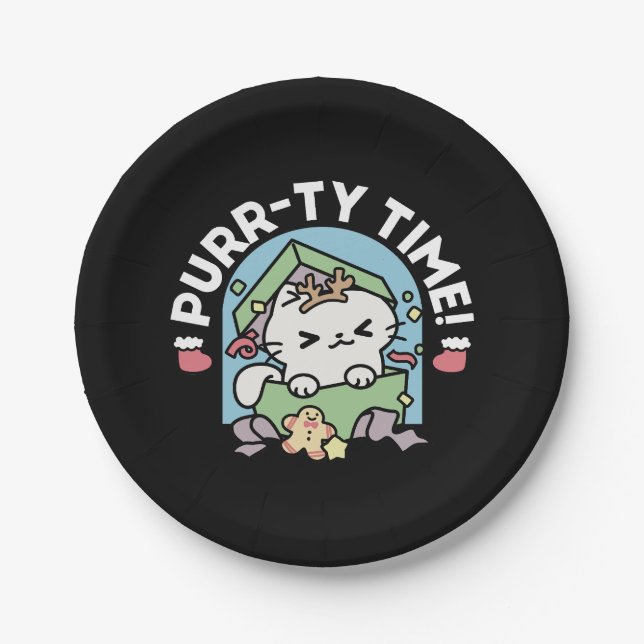 Weihnachtsfeier mit Purr-ty-Time Cat Pappteller (Vorderseite)