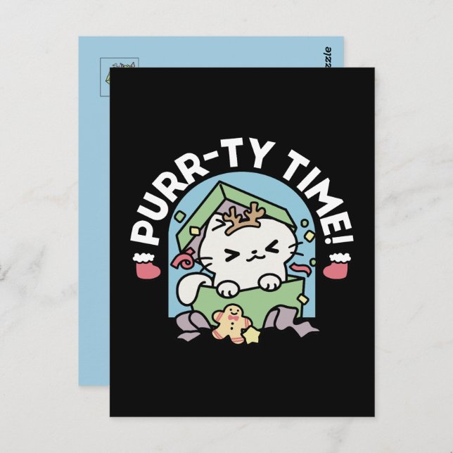 Weihnachtsfeier mit Purr-ty-Time Cat Postkarte (Vorne/Hinten)