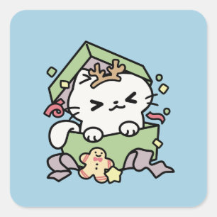 Weihnachtsfeier mit Purr-ty-Time Cat Quadratischer Aufkleber