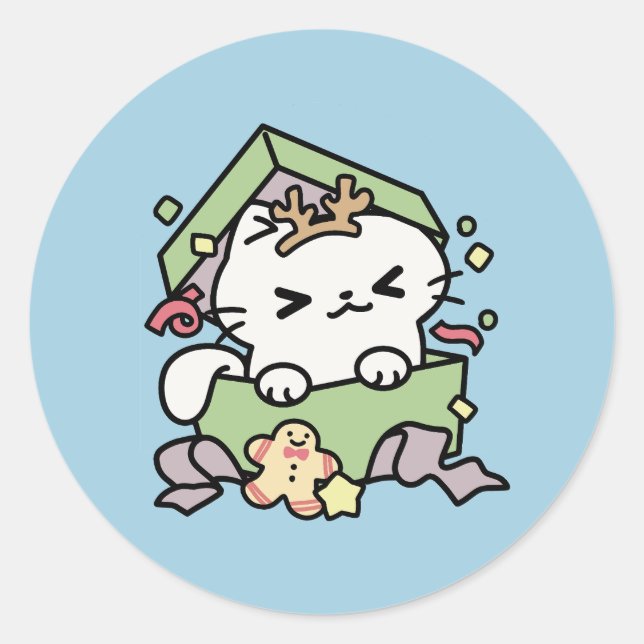 Weihnachtsfeier mit Purr-ty-Time Cat Runder Aufkleber (Vorderseite)