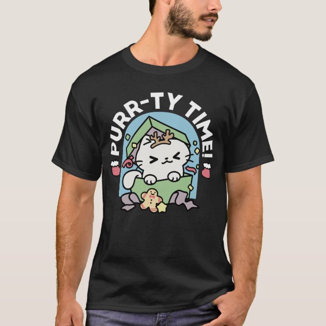 Weihnachtsfeier mit Purr-ty-Time Cat T-Shirt (Vorderseite)