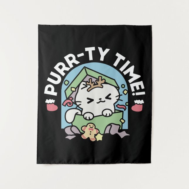 Weihnachtsfeier mit Purr-ty-Time Cat Wandteppich (Vorderseite)