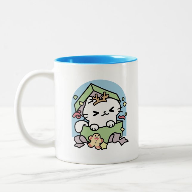 Weihnachtsfeier mit Purr-ty-Time Cat Zweifarbige Tasse (Links)