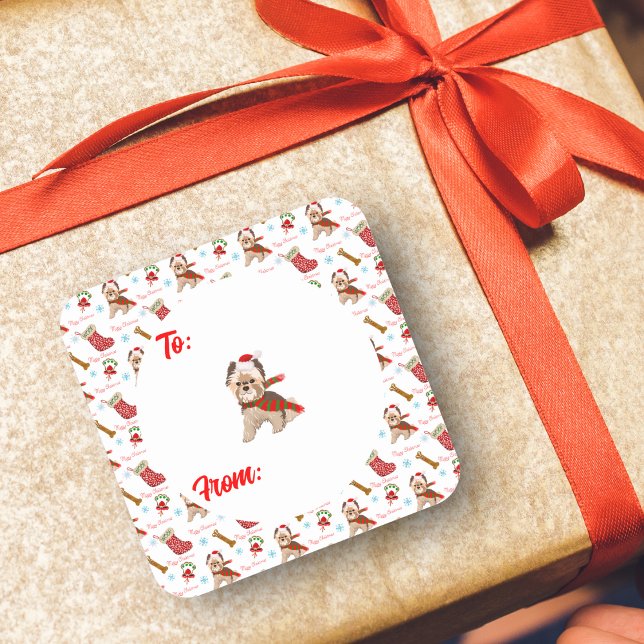 Weihnachtsfeier mit Yorkie Pattern Quadratischer Aufkleber (Von Creator hochgeladen)