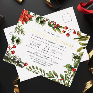 Weihnachtsfeier Offenes Haus Grünzeug Goldfolie Folien Feiertagspostkarte