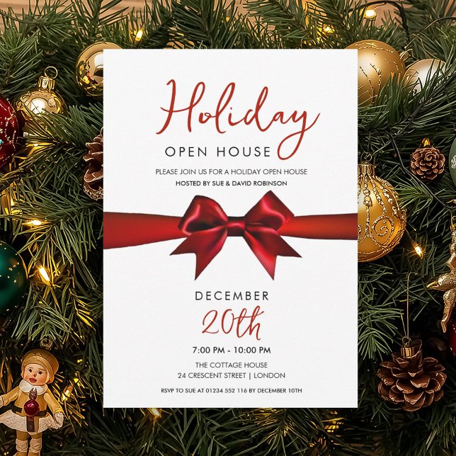 Weihnachtsfeier Open House Roter Bogen  Einladung (Christmas Holiday Open House Red Bow Invitation)