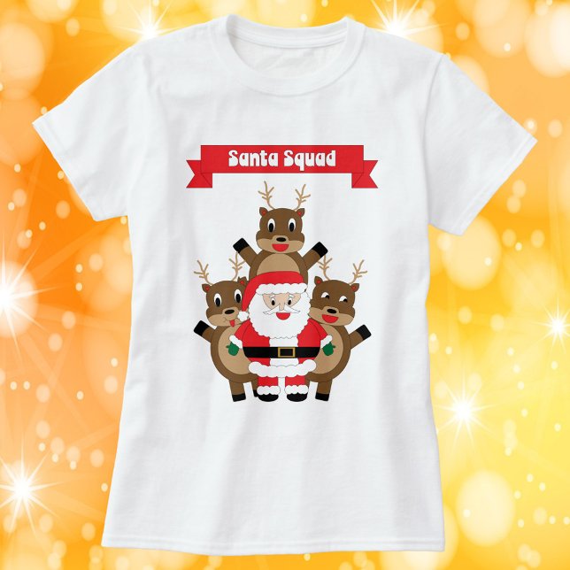 Weihnachtsfeier Reindeer Funny T-Shirt (A funny Christmas shirt featuring Santa and Reindeer with a banner that says Santa Squad.)