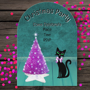 Weihnachtsfeier Rosa Baum Schwarze Katze Türkiser Acryleinladungen