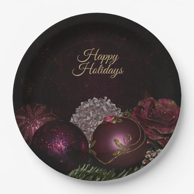 Weihnachtsfeier Rosa Ornament Grün Blätter Schwarz Pappteller (Vorderseite)