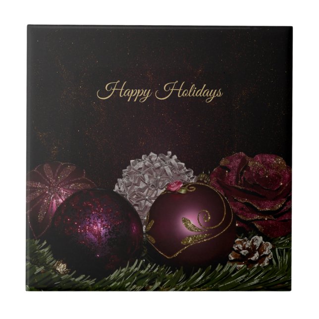 Weihnachtsfeier Rosa Ornamente Grüne Blätter Schwa Fliese (Vorderseite)