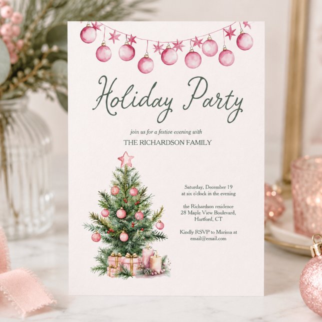 Weihnachtsfeier Rosa Weihnachtsbaum Einladung (cute whimsical pink christmas tree baubles custom holiday party invitation)