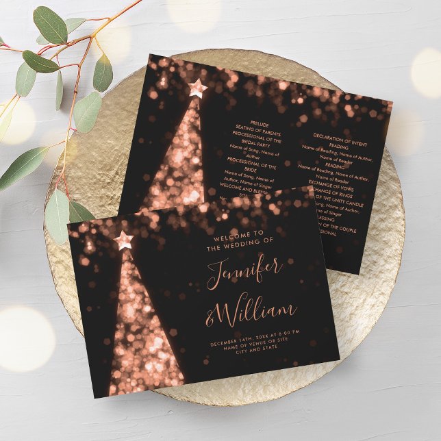 Weihnachtsfeier Rose Gold Wedding Program Einladung (Festive Xmas Tree Rose Gold Wedding Program)