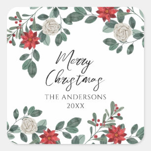 Weihnachtsfeier Rot Grün Floral Quadratischer Aufkleber