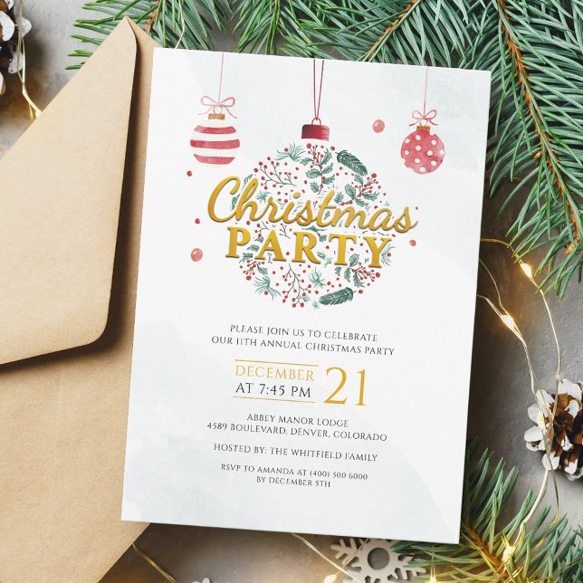 Weihnachtsfeier Rot und Gold Einladung (Christmas Holidays Baubles Modern Party Invitation)