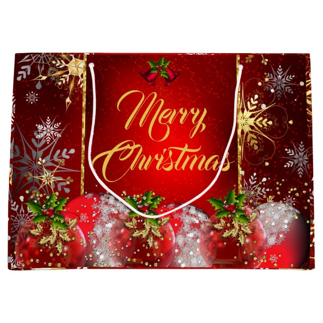 Weihnachtsfeier Rotes Gold Baubles Holly Inv Große Geschenktüte (Vorderseite)