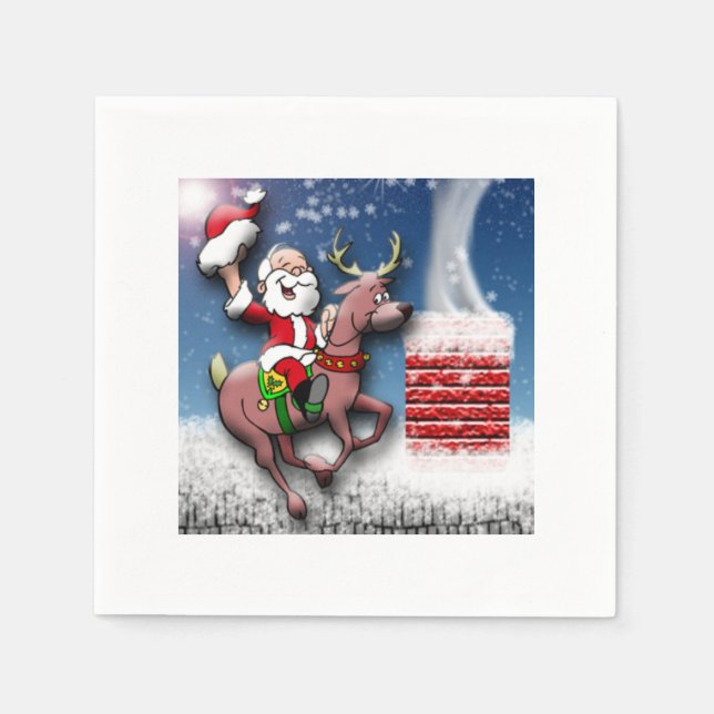 Weihnachtsfeier Santa Reindeer Snowy Rooftop Kamin Serviette (Vorderseite)