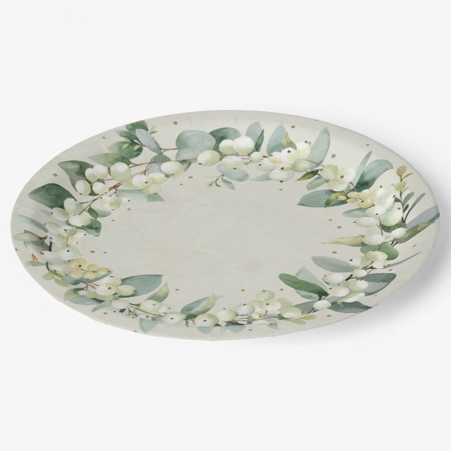 Weihnachtsfeier Snowberry Pappteller (Schrägansicht)