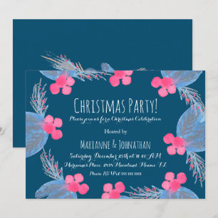 Weihnachtsfeier Wasserfarbe Poinsettien Beere Blau Einladung