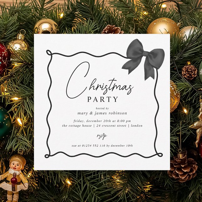 Weihnachtsfeier Whimsical Black Bow Einladung (Christmas Holiday Party Whimsical Black Bow Invitation)