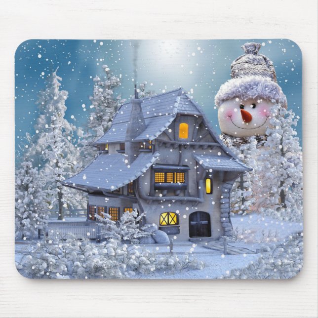 Weihnachtsfeier Winter Weißer Schneemann Blau Mousepad (Vorne)