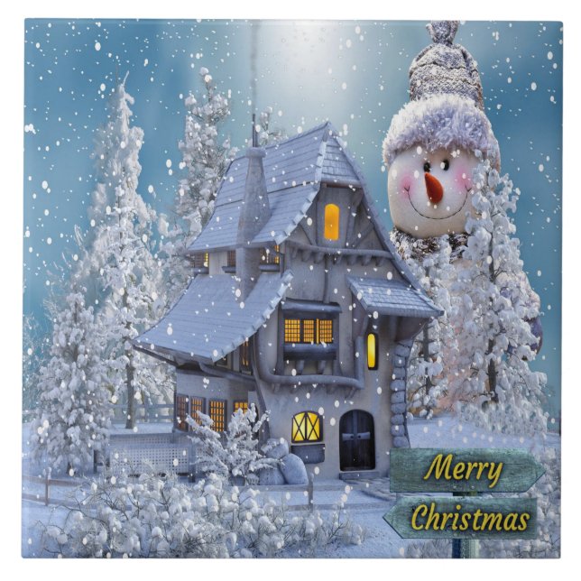 Weihnachtsfeier Winter Weißer Schneemann Blau Rust Fliese (Vorderseite)