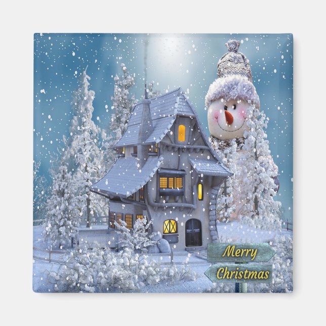 Weihnachtsfeier Winter Weißer Schneemann Blau Rust Magnet (Vorne)