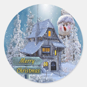 Weihnachtsfeier Winter Weißer Schneemann Blau Rust Runder Aufkleber