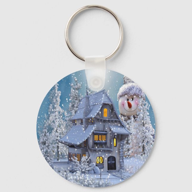 Weihnachtsfeier Winter Weißer Schneemann Blau Rust Schlüsselanhänger (Vorderseite)