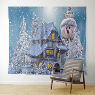 Weihnachtsfeier Winter Weißer Schneemann Blau Rust Wandteppich
