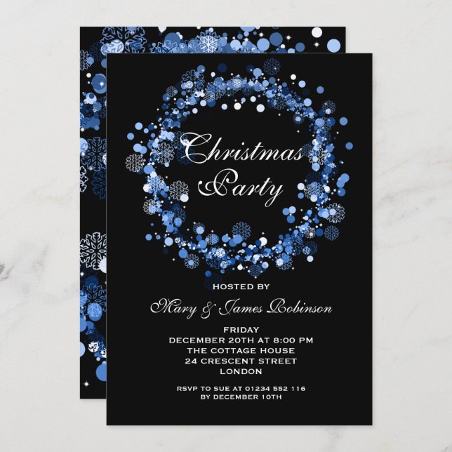 Weihnachtsfeier Wreath Blue Einladung (Vorne/Hinten)