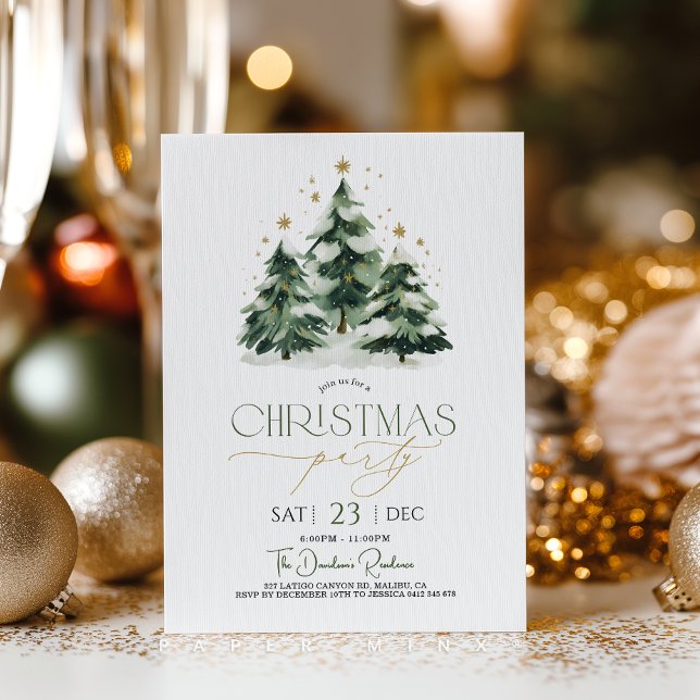 Weihnachtsfeier Xmas Baum Grün Gold Einladung (Christmas party invitation featuring cute green and gold Christmas tree and stars. )