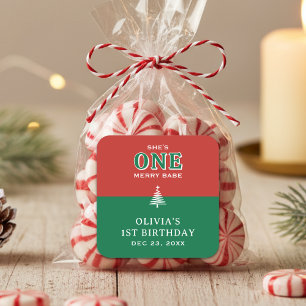 Weihnachtsfeier zum 1. Geburtstag Festliches Rot & Quadratischer Aufkleber