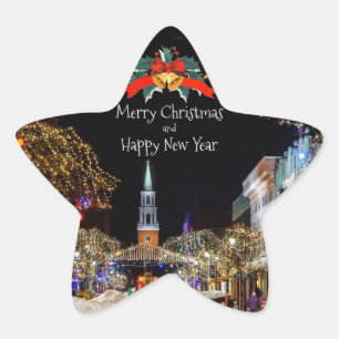 Weihnachtsfeiern, helle Lichter und Bausteine, Stern-Aufkleber