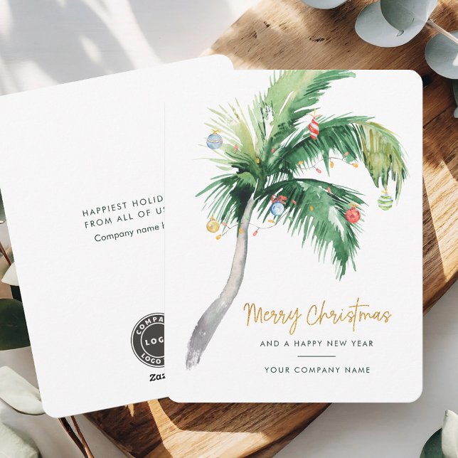 Weihnachtsfeiern mit Firmenlogo hinzufügen Feiertagskarte (Christmas Greetings Palm Tree Coastal Business Logo Card)