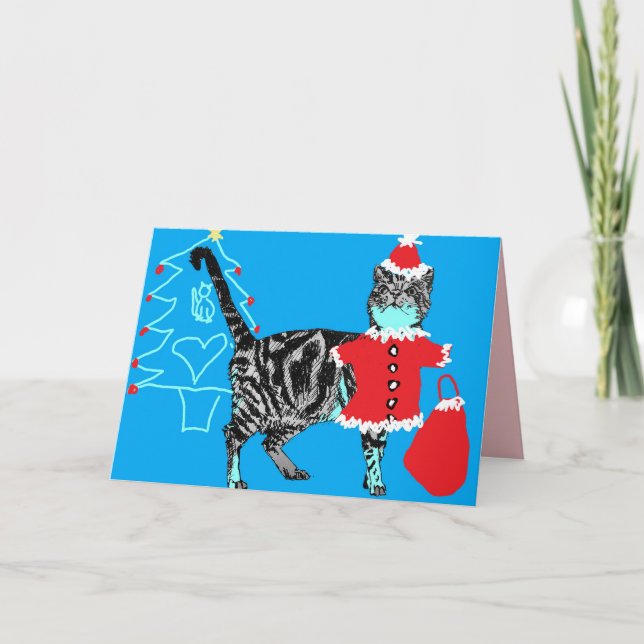 Weihnachtsfeiern Stripy Tabby Cat Card Blau Karte (Vorderseite)